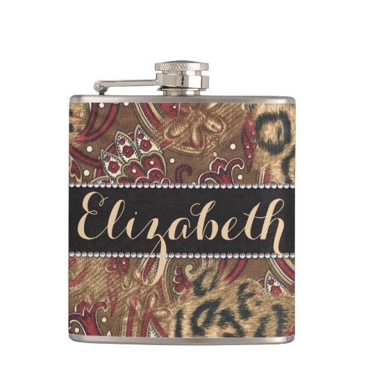 ヒョウおよび個人化なるべきペイズリーパターンプリント フラスク (正面)