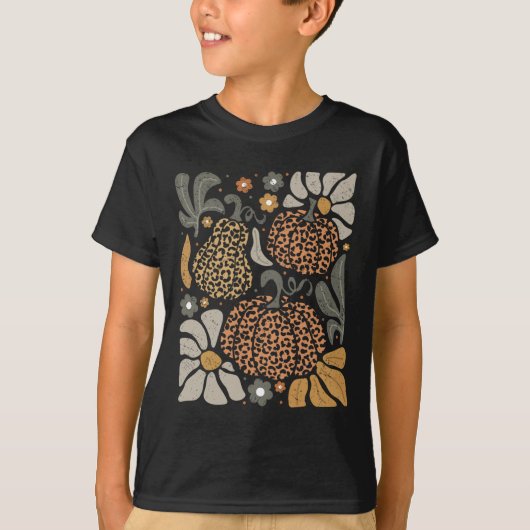 ヒョウかぼちゃと花bohoフローラThanksgiv Tシャツ (正面)