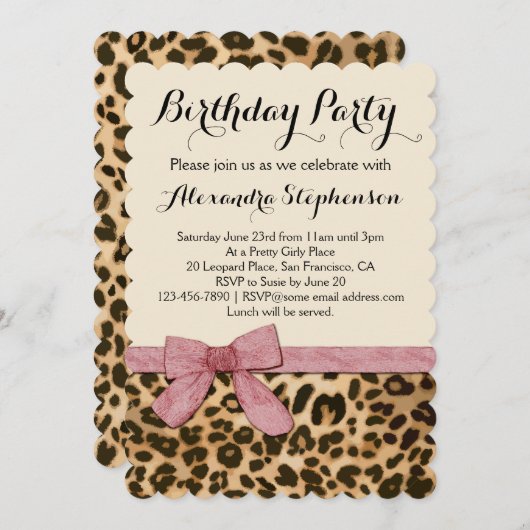 ヒョウかわいらしガーリーピンクボウ誕生日パーティー 招待状 (正面/裏面)