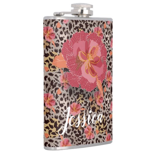 ヒョウとピンクの花 フラスク (右)