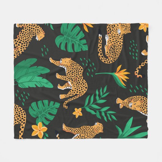 ヒョウと熱帯のヴィンテージのパタ葉ーン フリースブランケット (正面(横))