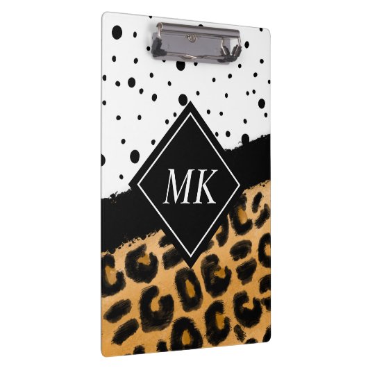 ヒョウと白黒の水玉模様 モノグラムの クリップボード (右)