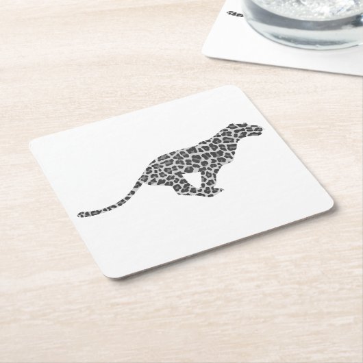 ヒョウのグレーとライトグレーのシルエット スクエアペーパーコースター (アングル)