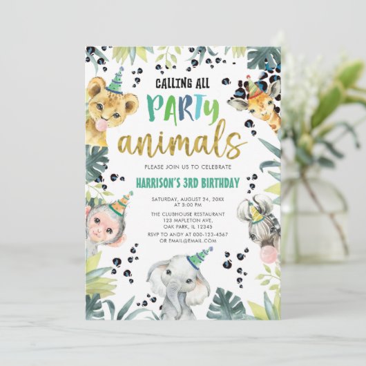ヒョウのサファリコールオールパーティー動物誕生日 招待状 (スタンド正面)