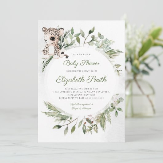 ヒョウのジャングルサファリ緑の赤ちゃんシャワー 招待状 (スタンド正面)