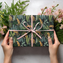 ヒョウのジャングルフォレストイラストレーションシームレス ラッピングペーパー