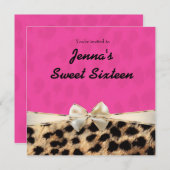 ヒョウのチータピンクボウ誕生日パーティーの招待 招待状 (正面/裏面)