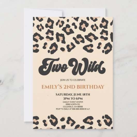 ヒョウのチータプリント2野生2番目の誕生日パーティー 招待状 (正面)