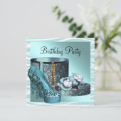 ヒョウのハイヒールシューズティール（緑がかった色）ブルーバースデーパーティー 招待状 (スタンド正面)