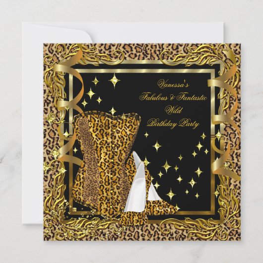 ヒョウのハイヒール金ゴールドブラックコルセットバースデーパーティー 招待状 (正面)