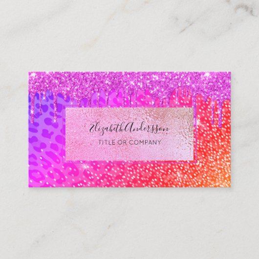 ヒョウのピンクの紫のグリッターは黄金を滴らせる 名刺 (正面)