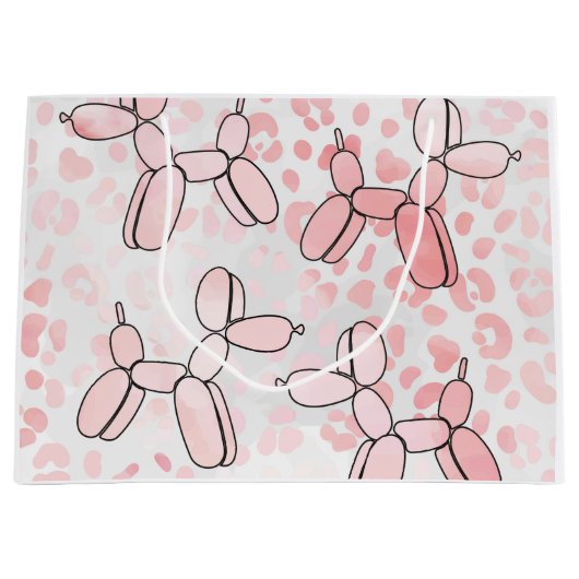 ヒョウのピンクの風船犬 ラージペーパーバッグ (正面)