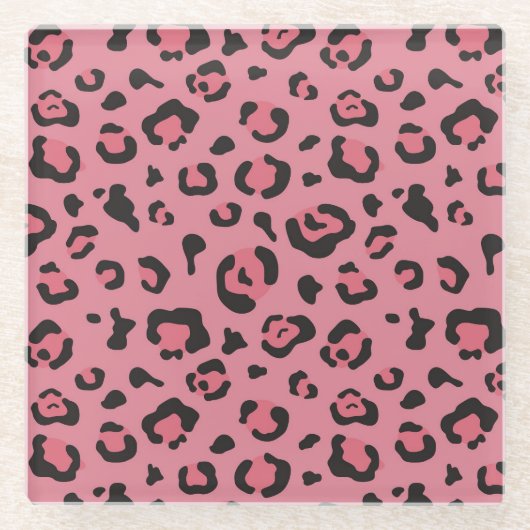 ヒョウのピンク動物のイラストレーション ガラスコースター (正面)