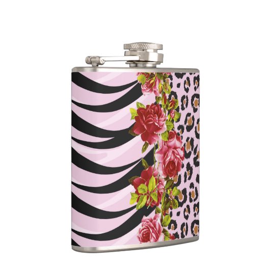 ヒョウのプリントおよびシマウマのバラはピンクで縞で飾ります フラスク (右)