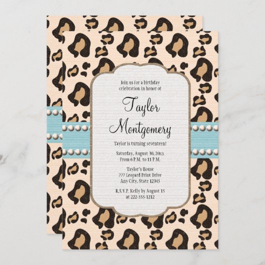 ヒョウのプリントおよび真珠の誕生日の招待状の青 招待状 (正面/裏面)