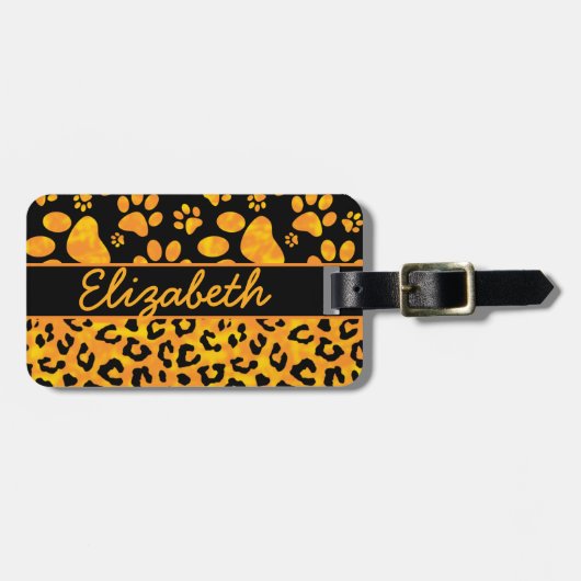 ヒョウのプリントおよび足のパーソナライズな住所 ラゲッジタグ (正面横)