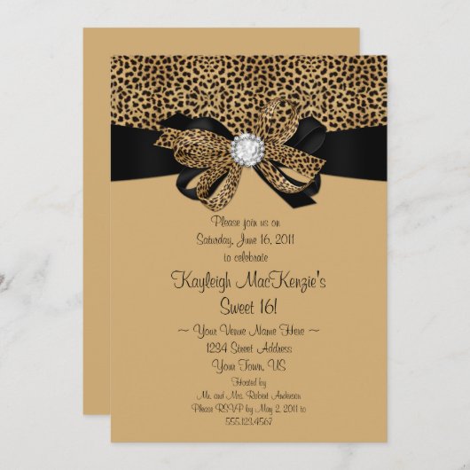 ヒョウのプリントのゆとりのラインストーンのダイヤモンドの菓子16 招待状 (正面/裏面)