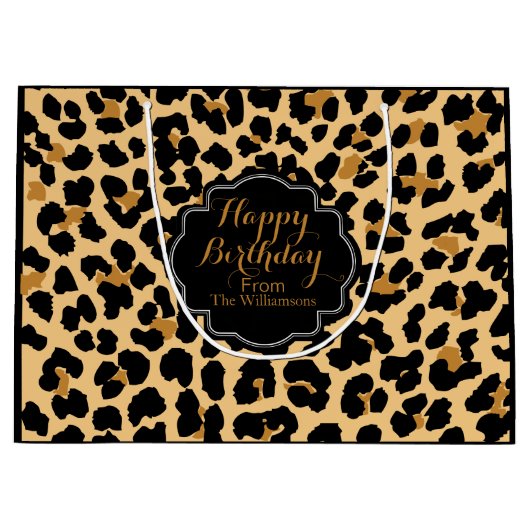 ヒョウのプリントのカスタムなハッピーバースデーのギフトバッグ ラージペーパーバッグ (正面)
