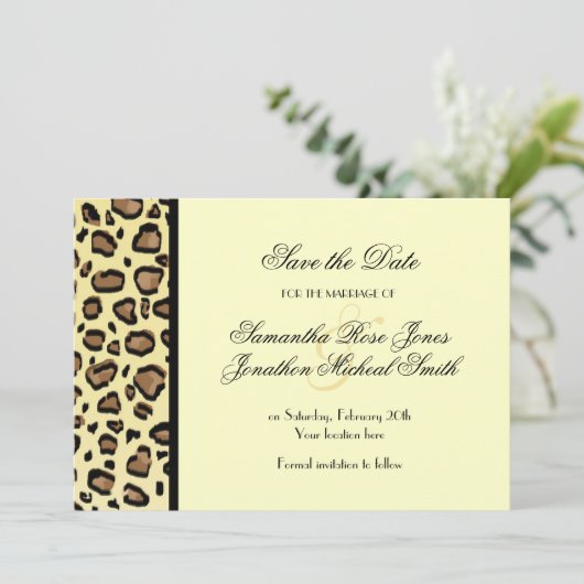 ヒョウのプリントのカスタムな結婚式の保存日付 セーブザデート (スタンド正面)