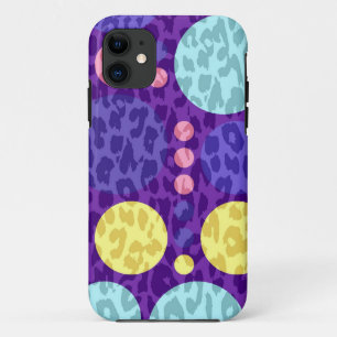ヒョウのプリントの大きい水玉模様 の紫色の黄色い水 iPhone 11 ケース