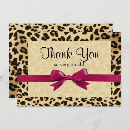 ヒョウのプリントの明るいピンクの弓はノート感謝していしています サンキューカード (正面/裏面)