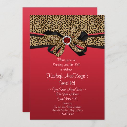 ヒョウのプリントの赤はダイヤモンドの菓子16を宝石で飾ります 招待状 (正面/裏面)
