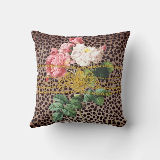 ヒョウのプリントの金ゴールドのライオンの紋章の鎖のばら色の花柄 クッション (裏面)