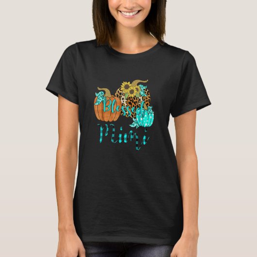 ヒョウのプレイドカボチャ賛美ミサンクスギビングFa Tシャツ (正面)