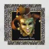 ヒョウのマスクブラックと金ゴールド仮装パーティー 招待状 (正面/裏面)