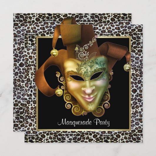 ヒョウのマスクブラックと金ゴールド仮装パーティー 招待状 (正面/裏面)