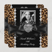 ヒョウのレースダイヤモンドハートフォトバースデーパーティー2 招待状 (正面/裏面)
