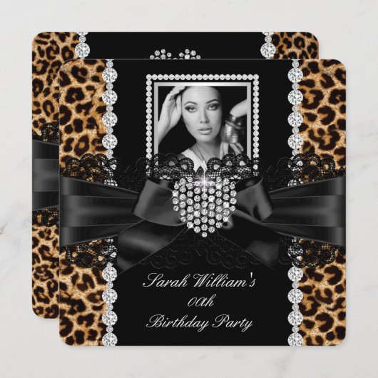 ヒョウのレースダイヤモンドハートフォトバースデーパーティー2 招待状 (正面/裏面)