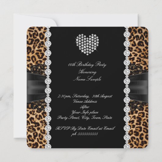 ヒョウのレースダイヤモンドハートフォトバースデーパーティー2 招待状 (裏面)