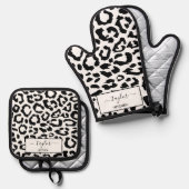 ヒョウの斑点ブラックとホワイトアニマルプリントパターン 鍋つかみ&鍋敷きセット (正面/裏面)