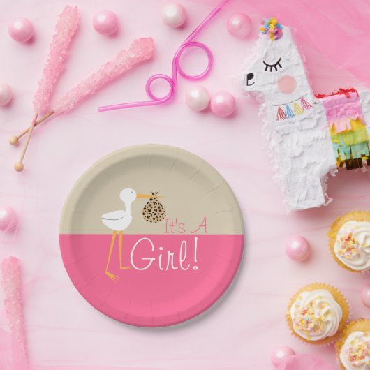 ヒョウの束の女の子のベビーシャワーを持つこうのとり ペーパープレート (パーティー)