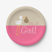 ヒョウの束の女の子のベビーシャワーを持つこうのとり ペーパープレート (正面)