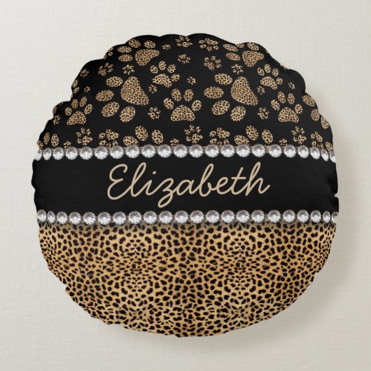 ヒョウの点の足のプリントのラインストーンの写真のプリント ラウンドクッション (正面)