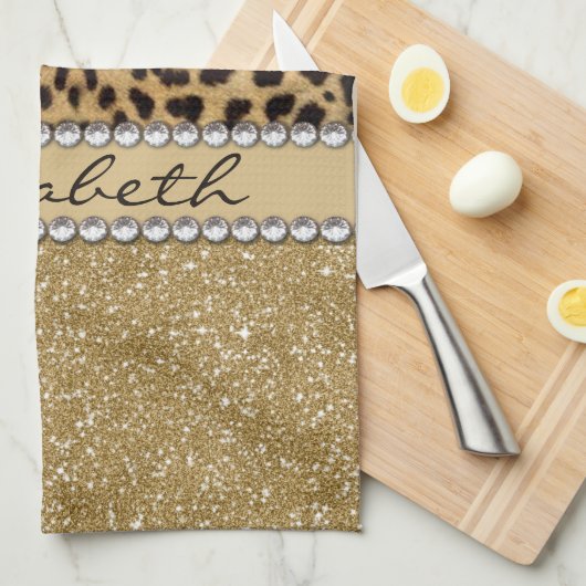 ヒョウの点金ゴールドのグリッターのラインストーンの写真のプリント キッチンタオル (四つ折り)