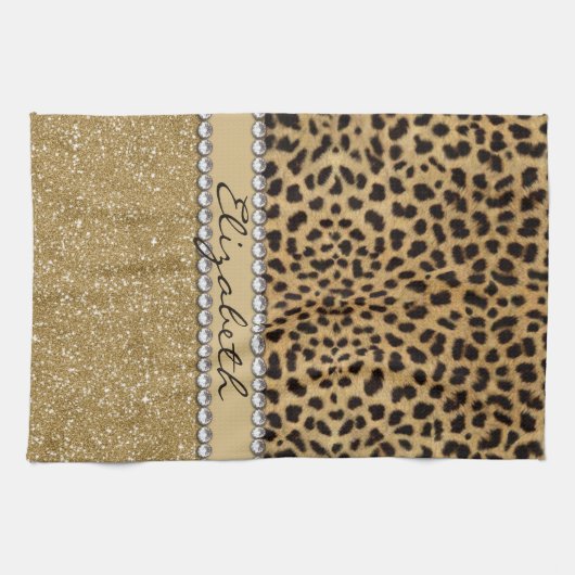 ヒョウの点金ゴールドのグリッターのラインストーンの写真のプリント キッチンタオル (横)