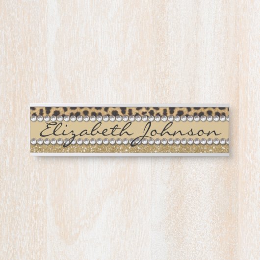 ヒョウの点金ゴールドのグリッターのラインストーンの写真のプリント サインプレート (正面)