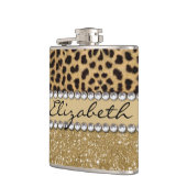 ヒョウの点金ゴールドのグリッターのラインストーンの写真のプリント フラスク (左)