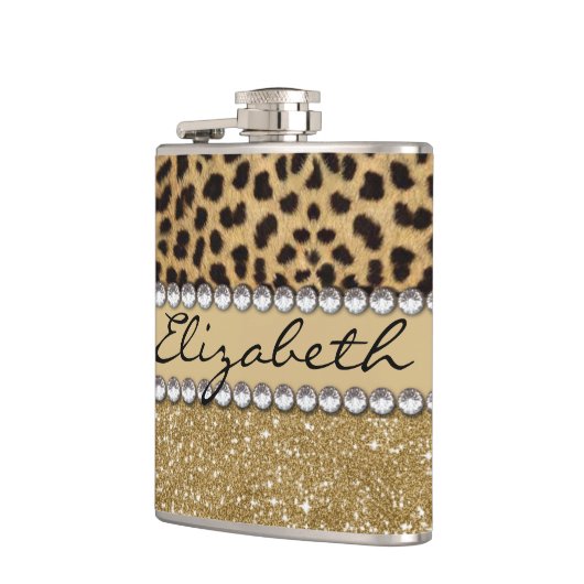 ヒョウの点金ゴールドのグリッターのラインストーンの写真のプリント フラスク (左)