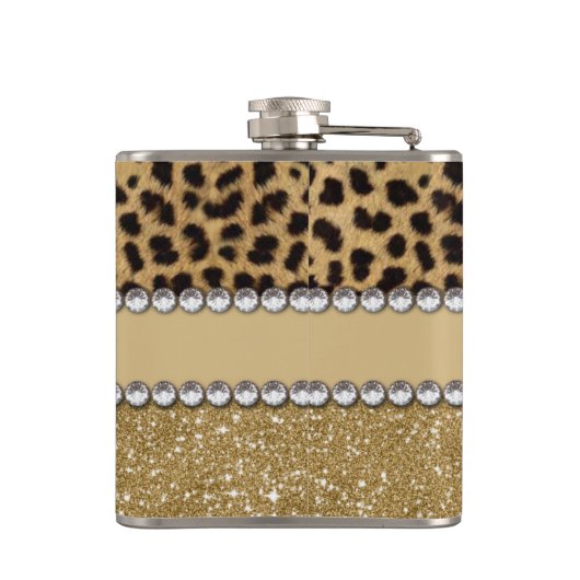 ヒョウの点金ゴールドのグリッターのラインストーンの写真のプリント フラスク (裏面)