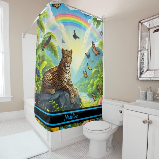 ヒョウの王様:カラフルジャングルの葉 シャワーカーテン (インサイチュ)