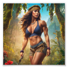 ヒョウの皮に女性のボディビルダーのパワーをショーケース フォトプリント           