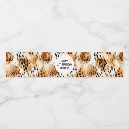 ヒョウの皮のパターン、サファリをテーマにした男の子1番目の誕生日 ペットボトルラベル (シングルラベル)