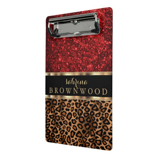 ヒョウの皮の模様と赤いグリッター ミニクリップボード (アングル2)