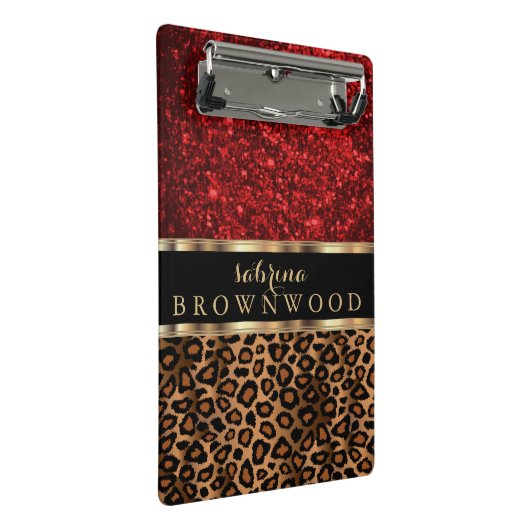 ヒョウの皮の模様と赤いグリッター ミニクリップボード (アングル)