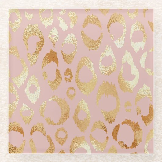 ヒョウの皮、バラ金ゴールドテクスチャ ガラスコースター (正面)