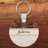 ヒョウの虎の皮ピンクのダイヤモンドグリッター結晶 キーホルダー (正面)